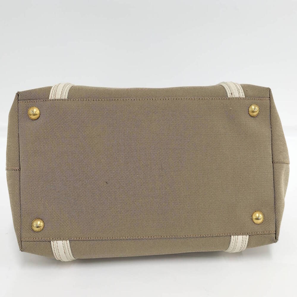 Prada beige white handbag leather embroidered logo canvas Canapa Tan White